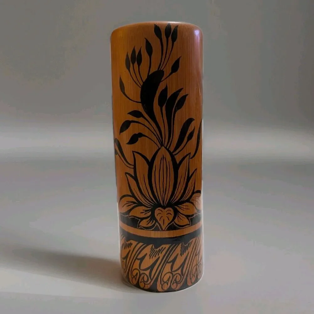 Vintage Abeysekera Industries Ceylon Lacquer Bamboo Cylinder Vase Hand Painted
